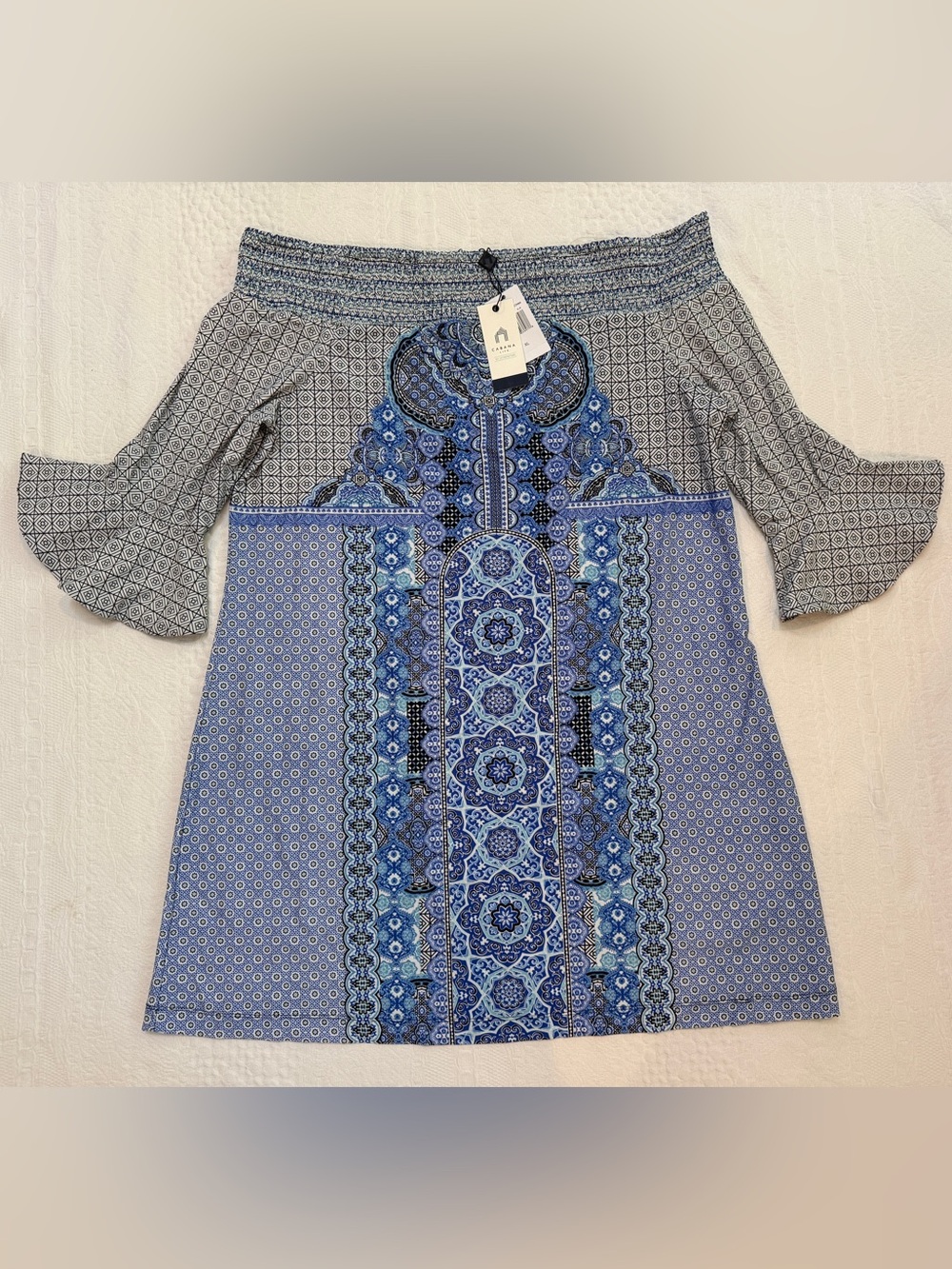 NWT Cabana Life Dress Womens XL Seascape Coverluxe Smocked Ruffle Sleeve UPF 50+